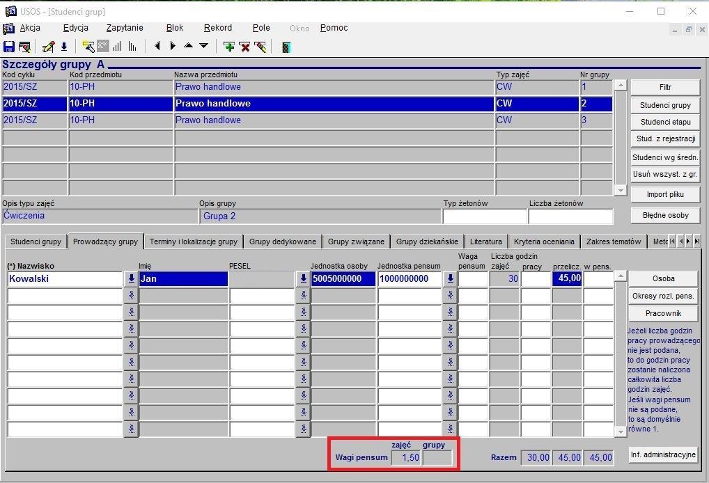 Wartości wag przypisane na poziomie typów zajęć i grup zajęciowych widoczne są w formularzu Studenci grup na zakładce Prowadzący grup.
