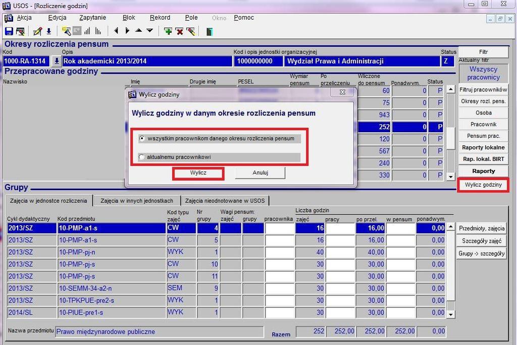 6.4.2. Uruchomienie algorytmu wliczania godzin do pensum Uruchomienia mechanizmu automatycznego wliczania godzin do pensum dokonuje się poprzez kliknięcie przycisku Wylicz godziny.