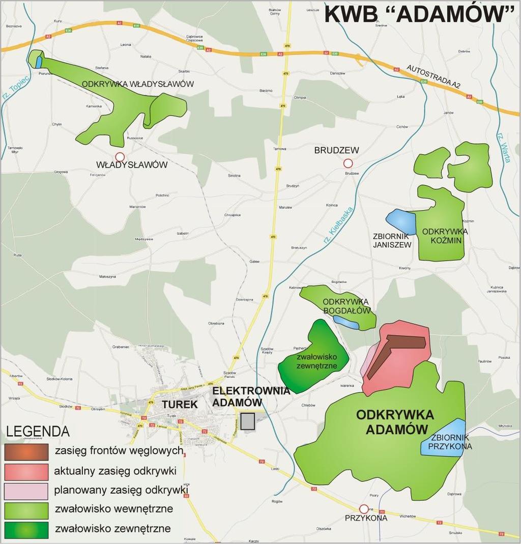 Rys. 4. Położenie odkrywek w zagłębiu adamowskim [Opracowanie własne] W kwietniu 2012 r. zakończono wydobywanie węgla z odkrywki Władysławów. Głównym odbiorcą węgla jest Elektrownia Adamów.