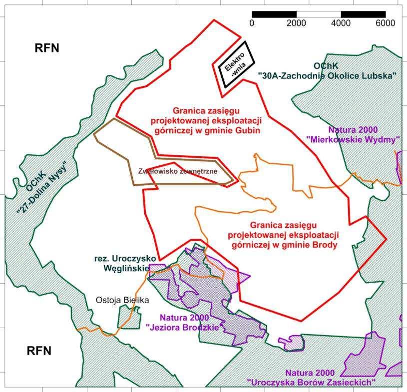 Projektowane kontury wyrobiska na złożu Gubin Obszary chronionego krajobrazu 27-Dolina Nysy 30A-Zachodnie Okolice