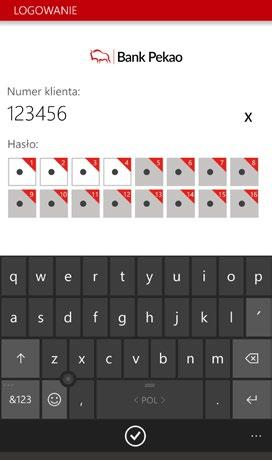 Logowanie do aplikacji Uruchom aplikację na urządzeniu i wybierz opcję Logowanie, a następnie zaloguj się, tak jak logujesz się do serwisu internetowego: wprowadź numer klienta oraz wybrane losowo