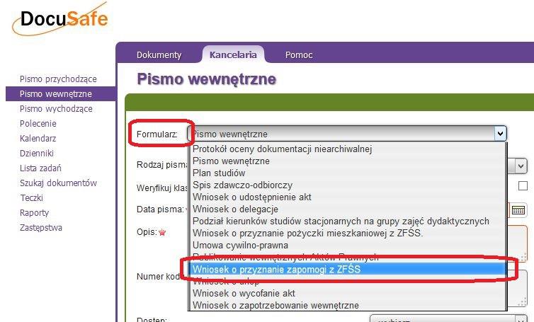 6. Z listy Formularz wybrać wartość