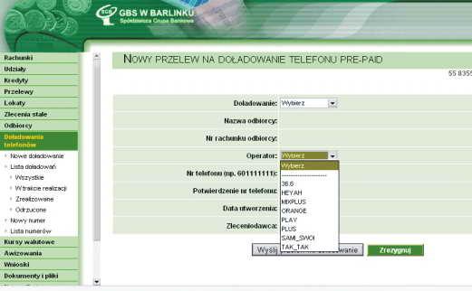 DOŁADOWANIA TELEFONÓW W opcji Doładowania telefonów Użytkownik ma możliwość szybkiego i bezpiecznego doładowania konta telefonu komórkowego GSM pre-paid w najpopularniejszych sieciach komórkowych w
