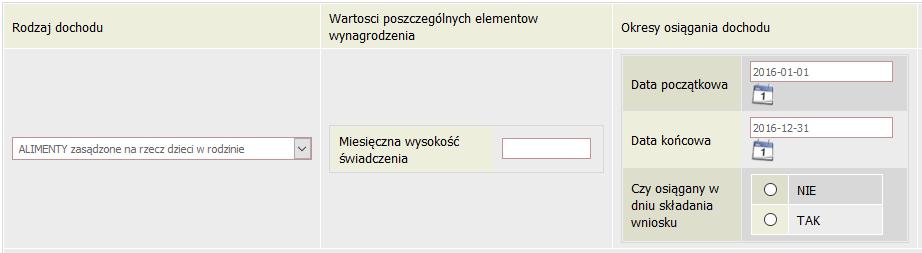 Rysunek 23 DOCHODY Z ALIMENTÓW Na tym ekranie wpisz miesięczną wysokość: 1. alimentów zasądzonych na rzecz dzieci w rodzinie, 2. zaliczki alimentacyjnej, 3.