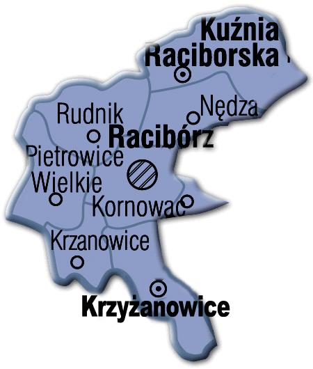Rysunek 1.2 Orientacyjna mapa gmin i miast powiatu raciborskiego Ziemia raciborska leży w dolinie górnej Odry.
