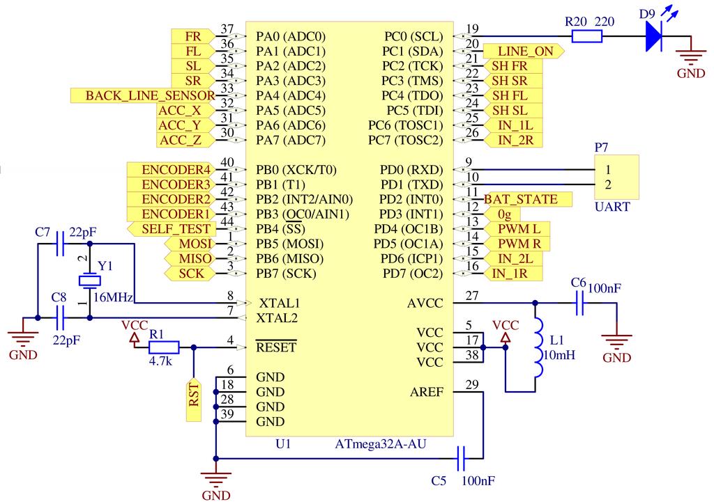 4 Sterowanie 4.1 Mikrokontroler W robocie zastosowano mikrokontroler ATmega 32A w obudowie przeznaczonej do montażu powierzchniowego.