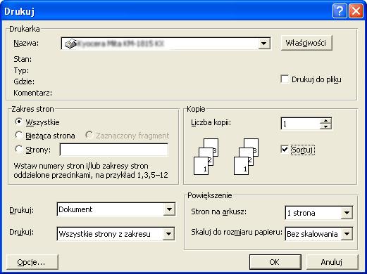 Wymienione są wszystkie drukarki zainstalowane w systemie Windows. Kliknąć nazwę urządzenia. 4 Użyć opcji Liczba kopii do wprowadzenia liczby wymaganych wydruków. Można wybrać do 999 kopii.
