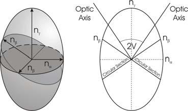 Kryształy dwuosiowe Kryształy rombowe, jednoskośne i trójskośne mają dwie osie optyczne.