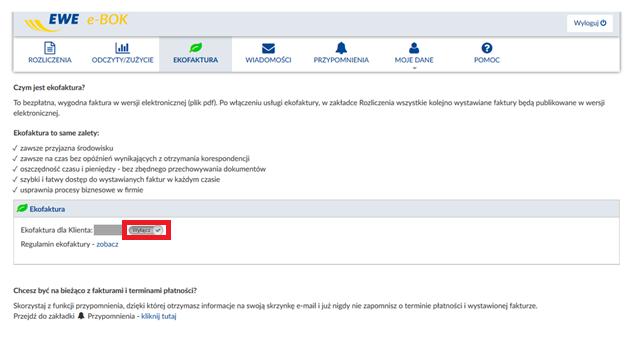 3. Ekofaktura W tej zakładce Użytkownik może włączyć i wyłączyć usługę ekofaktury, czyli faktury w