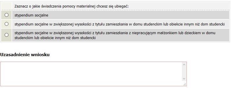 EKRAN 3 WYBÓR ŚWIADCZENIA POMOCY MATERIALNEJ Na tym ekranie zaznacz, o które świadczenie pomocy materialnej chcesz się ubiegać i podaj uzasadnienie.