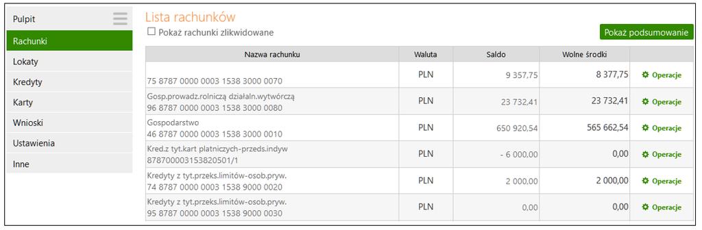 RACHUNKI Lista rachunków wyświetla listę rachunków dostępnych do obsługi przez Internet.