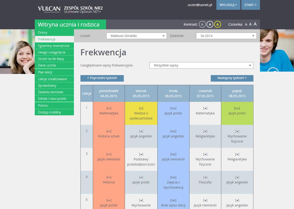 Przeglądanie informacji o uczniu Korzystanie z karty Frekwencja W tym widoku można