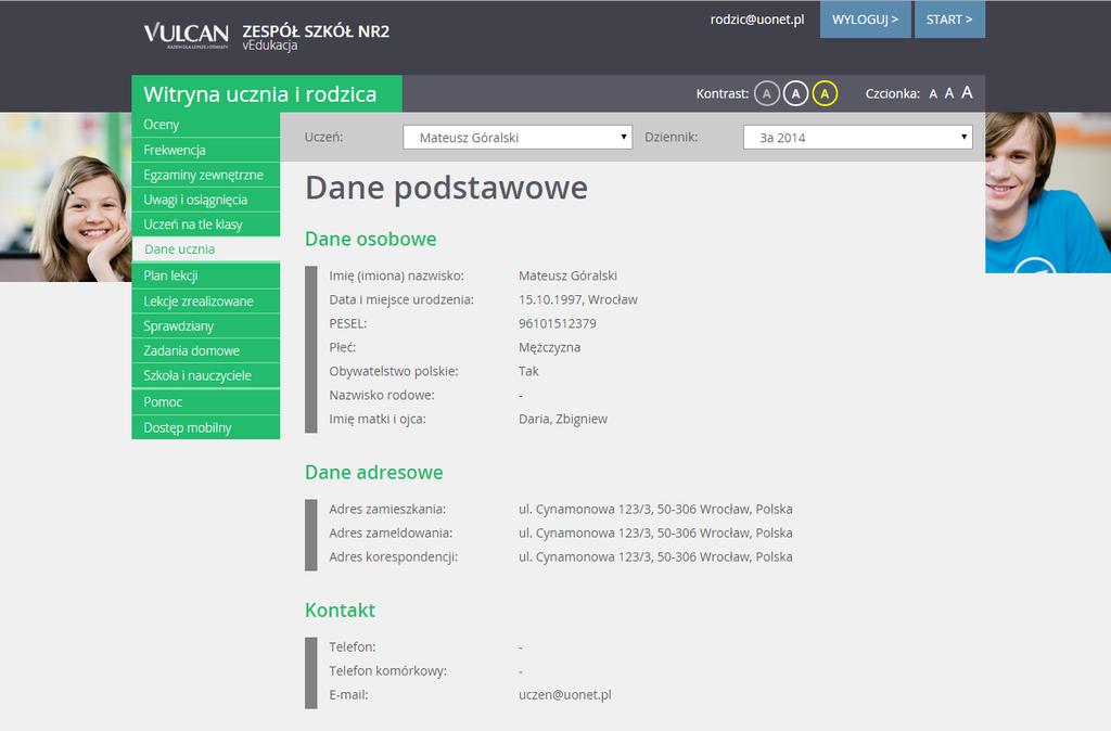 Przeglądanie informacji o uczniu Korzystanie z karty Dane ucznia Użytkownik może zobaczyć dane osobowe ucznia oraz informacje na temat jego opiekunów. Użytkownik nie może ich edytować.