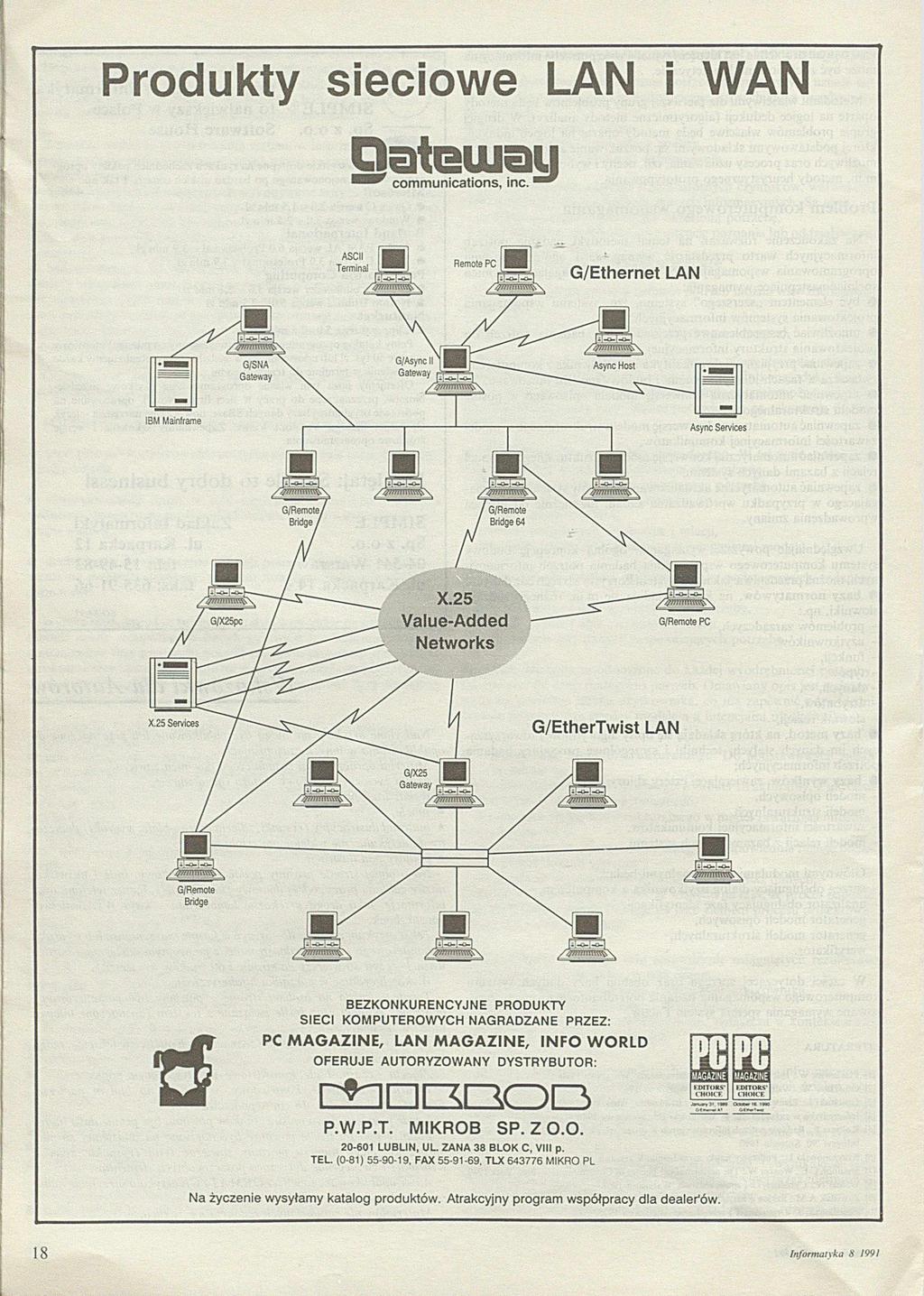 Produkty sieciowe LAN i WAN Gateway communications, inc. ASCII Terminal G/Ethernet LAN G/Async II Gateway IBM Mainframe Async Services X.25 Value-Added Networks X.