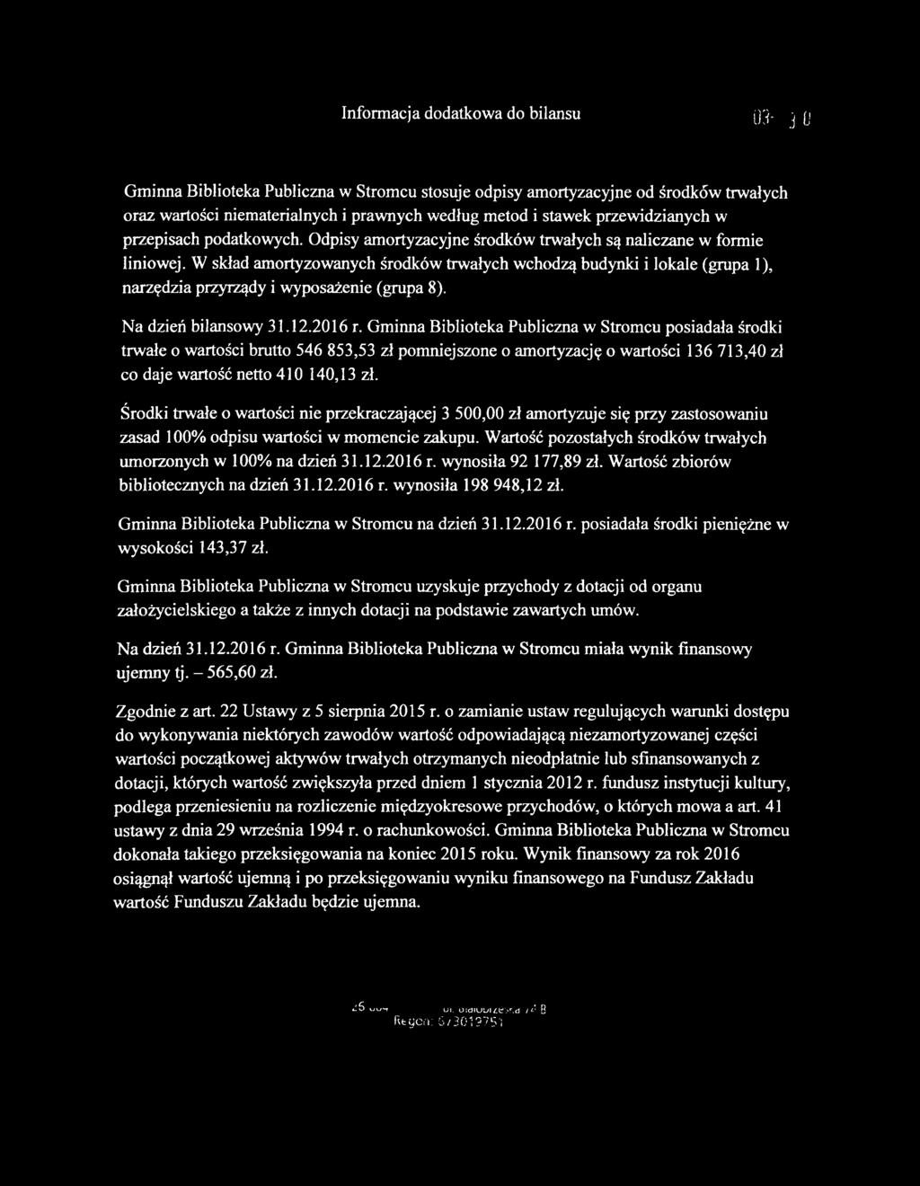 W skład amortyzowanych środków trwałych wchodzą budynki i lokale (grupa 1), narzędzia przyrządy i wyposażenie (grupa 8). Na dzień bilansowy 31.12.2016 r.