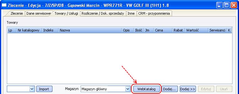 Wybrana część pojawi się wówczas w zleceniu serwisowym (Rys. 3-24). Rys. 3-24 Widok dodanej części w zleceniu - Współpraca z programem WebKatalog Rys.