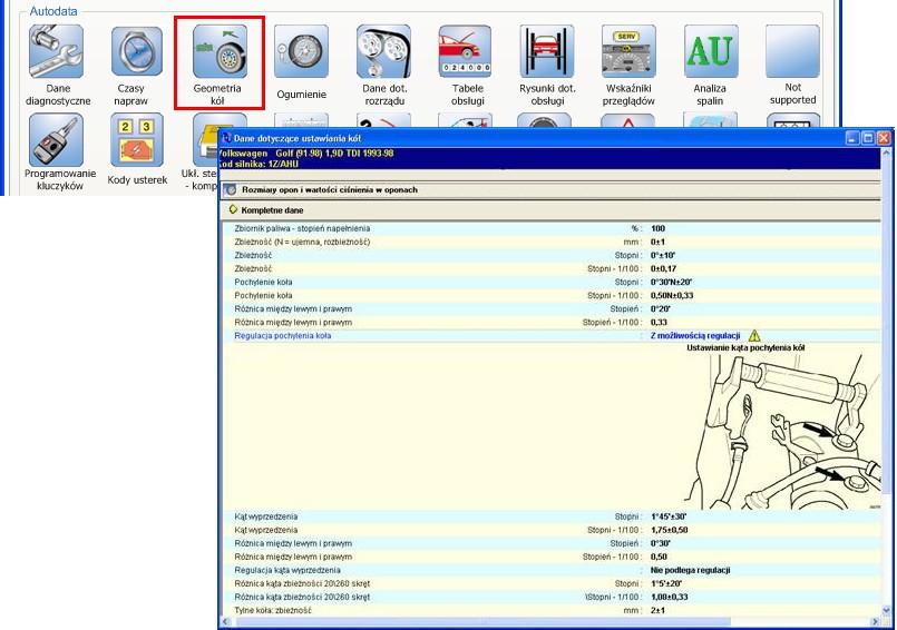 Rys. 2-8 Sprawdzenie danych regulacyjnych w programie Autodata Import czasów napraw W zakładce Towary/Usługi zlecenia lub kosztorysu jest dostępna funkcja importu danych z programów zewnętrznych.