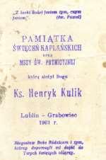 Pamiątka święceń kapłańskich oraz mszy świętej prymicyjnej, którą odprawił ks. Henryk Kulik, dwie strony (ze zbiorów Adama Skóry).