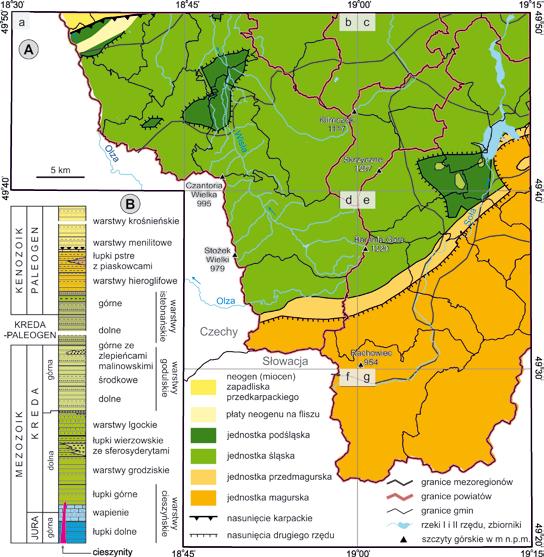 Ryc. 2. Uproszczona mapa geologiczna Beskidu Śląskiego i terenów przyległych A Jednostki tektoniczne (Paul i in.