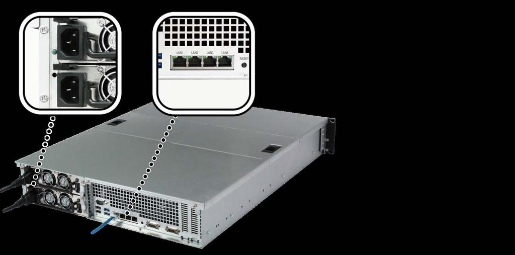 Uruchom serwer RackStation 1 Podłącz jeden koniec każdego kabla zasilającego do gniazd