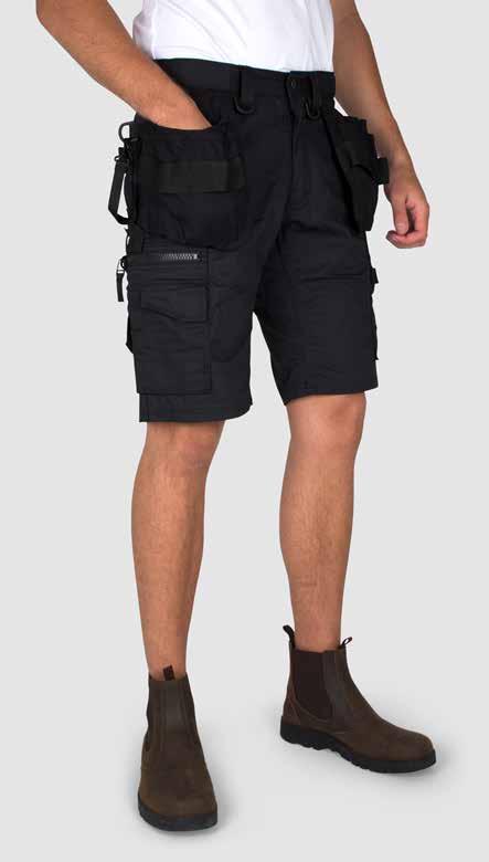 DW1011271010 Czarne Mocne, krótkie spodnie robocze  Wyposażone w uchwyty na młotek, zintegrowane kieszenie na miary składane,