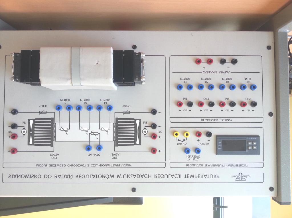 OPIS STANOWISKA LAB: Regulator temperatury STC-8080H Przekaźnik regulatora Gnizda zasilania elementów: M1 wyntylator 1 OP1 ogniwo Peltiego 1 M2 wentylator 2 OP2 Ogniwo Peltiego 2 Gniazda sygnałowe