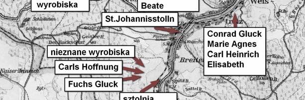 Location of the old excavations Na zakończenie tego opracowania autorzy przytaczają spis znanych w 1832 roku sztolni w