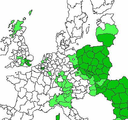 Mapa istotności LISA Na mapie przedstawione są istotności statystyczne LISA dla poszczególnych jednostek na poziomie istotności 0,05; 0,01; 0,001; 0,0001 intensywność zielonej barwy na