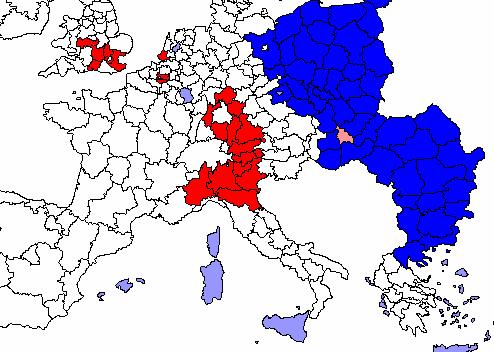 Mapa klastrów LISA (1) Na mapie przedstawione są klastry LISA (tylko te istotne statystycznie - minimum na poziomie 0,05).