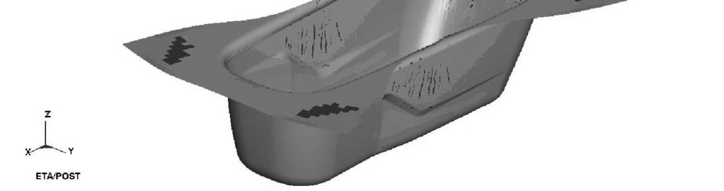 Final shape of a bathtub 1600 and the minor and major strain and Forming Limit Diagram (FLD) for blank holder pressure 1500 kn Analiza odkształceń głównych wyznaczonych na tle krzywej odkształceń