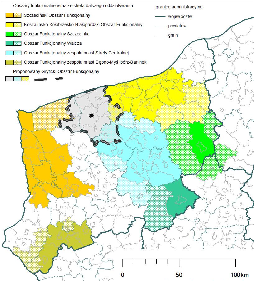 Gryficki Obszar Funkcjonalny na tle województwa zachodniopomorskiego Gryfice położone pomiędzy SOM i KKBOF wyznaczone jako ośrodek ponadlokalny potencjał społecznogospodarczy oraz ponad powiatowy