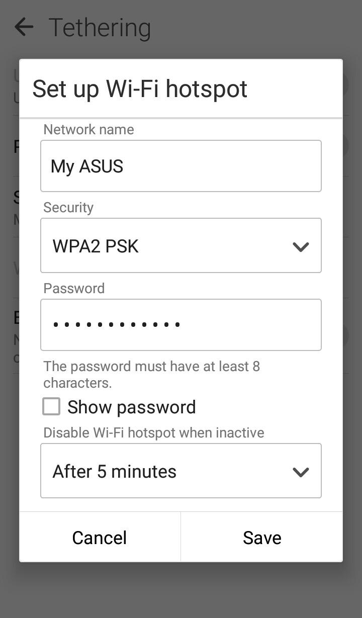 Tethering Gdy sieć Wi-Fi jest niedostępna, telefon ASUS może pełnić funkcję modemu lub hotspota Wi-Fi zapewniającego dostęp do Internetu dla laptopa, tabletu i innych urządzeń przenośnych. WAŻNE!