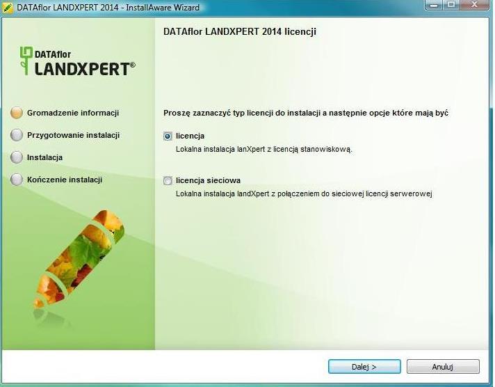 Potwierdzenie wersji językowej W kolejnym oknie dialogowym należy dokonać wyboru typu instalacji: licencja