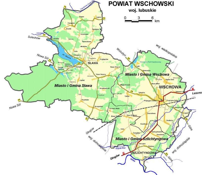 3.2. Ogólna charakterystyka Powiatu Powiat wschowski leŝy we wschodniej części województwa lubuskiego. Graniczy z powiatem nowosolskim (woj. lubuskie), powiatem wolsztyńskim (woj.