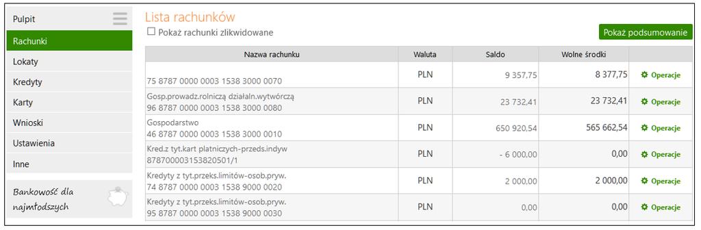 Rodzina 500+ po wybraniu zakładki menu rozszerzy się o następujące opcje: RACHUNKI Złóż wniosek Sprawdź status Lista rachunków wyświetla listę rachunków dostępnych do obsługi przez Internet.