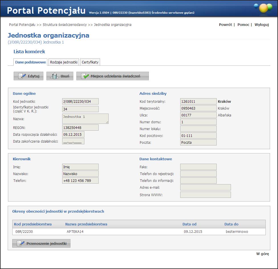 33 Struktura świadczeniodawcy Kliknięcie przycisku umożliwia edycję wyświetlanych danych.