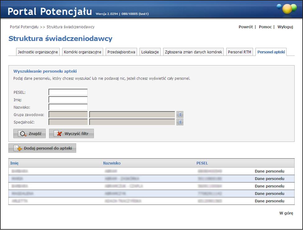 67 Struktura świadczeniodawcy Na zakładce Personel apteki możliwe jest wyszukiwanie zapisanego w systemie personelu, jak i dopisywanie nowych.