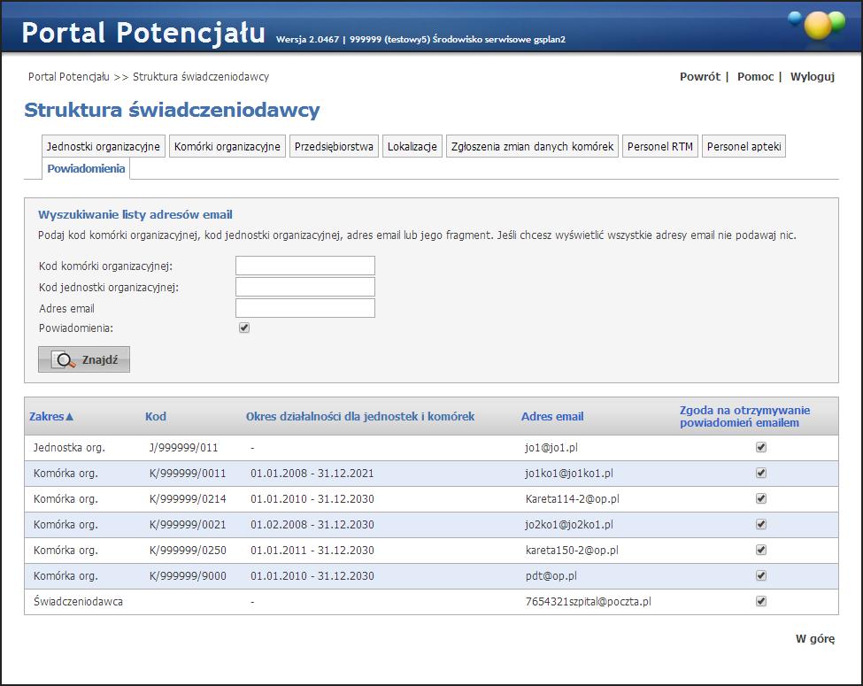 68 Struktura świadczeniodawcy Przegląd zawiera poszczególne elementy danych świadczeniodawcy, w których występuje adres e-mail, gdzie pole adres e-mail jest niepuste.