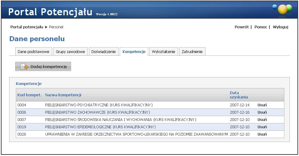 81 Personel 4.5 Kompetencje Na zakładce Kom petencje możliwy jest przegląd i dodawanie nowych pozycji kompetencji wybranej wcześniej osoby.