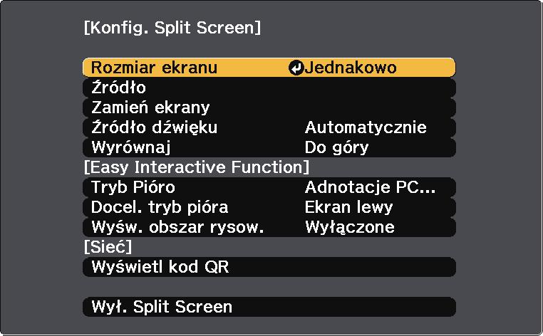 Jednoczesn projekcj dwóch obrzów 147 Funkcji podziłu ekrnu możn używć do jednoczesnej projekcji dwóch ekrnów z różnych źródeł obrzu.