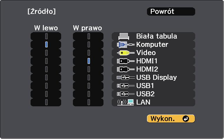 Jednoczesn projekcj dwóch obrzów 148 c Aby wybrć źródło wejści dl innych obrzów, wybierz ustwienie Źródło, nciśnij [Enter], wybierz źródło wejści, wybierz Wykonnie i nciśnij [Enter].