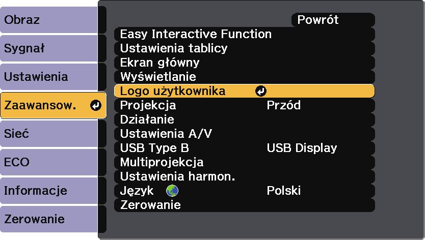 Zpisywnie obrzu logo użytkownik 163 Obrz możn zpisć w projektorze i wyświetlć przy włączniu projektor.