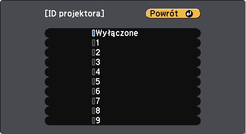 Używnie wielu projektorów 169 e Użyj przycisków strzłek do wyboru numeru identyfikcji, który m być zostć użyty dl projektor. Nstępnie nciśnij [Enter].