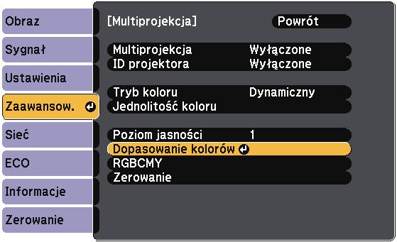 Regulcj RGBCMY Możn wyregulowć ustwieni Odcień, Nsycenie i Jsność dl skłdników koloru R (czerwony), G (zielony), B (niebieski), C (cyjn), M (mgent) i Y (żółty).