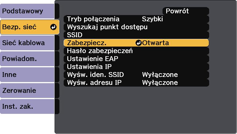 Projekcj przez sieć bezprzewodową 189 Konfigurcj zbezpieczeni sieci bezprzewodowej W celu jego używni projektor w sieci bezprzewodowej, możn skonfigurowć zbezpieczeni projektor.