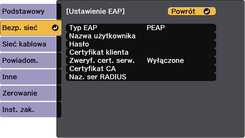 Projekcj przez sieć bezprzewodową 190 h i j Wykonj jedną z poniższych czynności w zleżności od wybrnego zbezpieczeni. WPA2-PSK, WPA/WPA2-PSK: Wybierz Inst. zk.