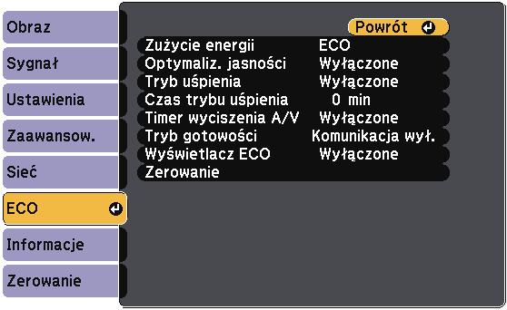 Ustwieni konfigurcji projektor - Menu ECO 244 Ustwieni w menu ECO pozwlją n dostosownie funkcji projektor w celu oszczędzni energii.