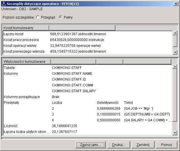 W oknie Szczegóły dotyczące operatora otwartym dla operatora FETCH (11) widoczne są kolumny używane w tej operacji.