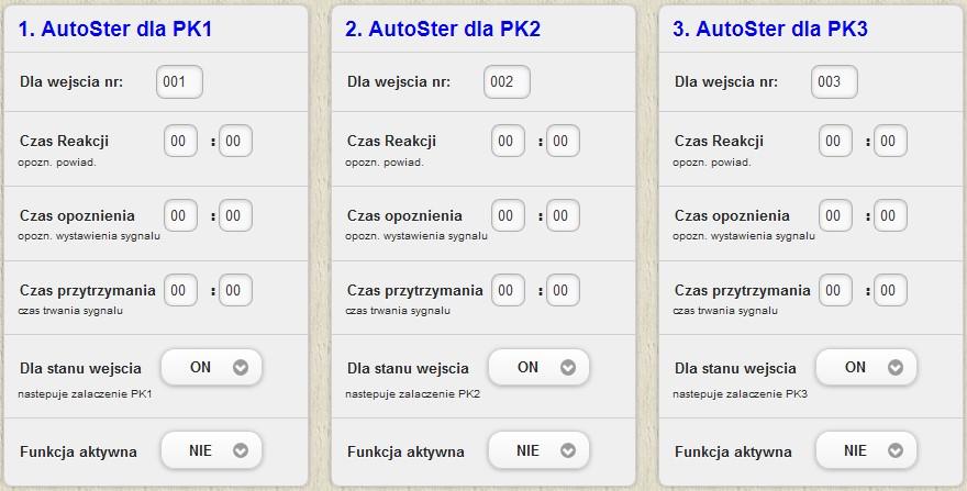 Autosterowanie Przekaźnik Funkcja autosterowania przekaźnikami pozwala uzależnić stan na wyjściach (WY 1,2,3,4) od stanów na wejściach (WE 1,2,3,4) Włączenie / wyłączenie funkcji autosterowania