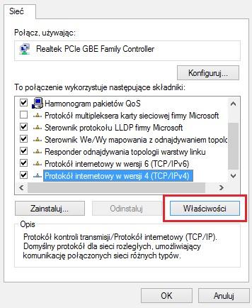 Klikamy na Ethernet, a następnie Właściwości z listy należy wybrać i zaznaczyć Protokół internetowy w wersji 4